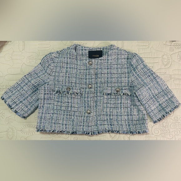 NEW Maje Tweed Jacket Sz 38 Silver Metallic Thread Blue - Picture 8 of 15
